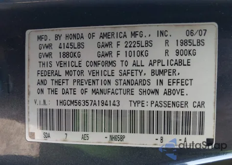 2007 Honda Accord 2.4 Se from USA, damaged, VIN 1HGCM56357A194143